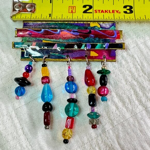 Colorful Rainbow and Jewel Hued Pin with Dangling Bead Curtain Artisan Signed - Picture 6 of 6